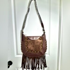 Fringe Saddle Shoulder Bag in Dark Brown